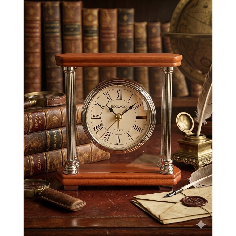 Brookwood Quartz Desk Clock Silver Pillars Cherry Wood Base Roman Numeral Dial